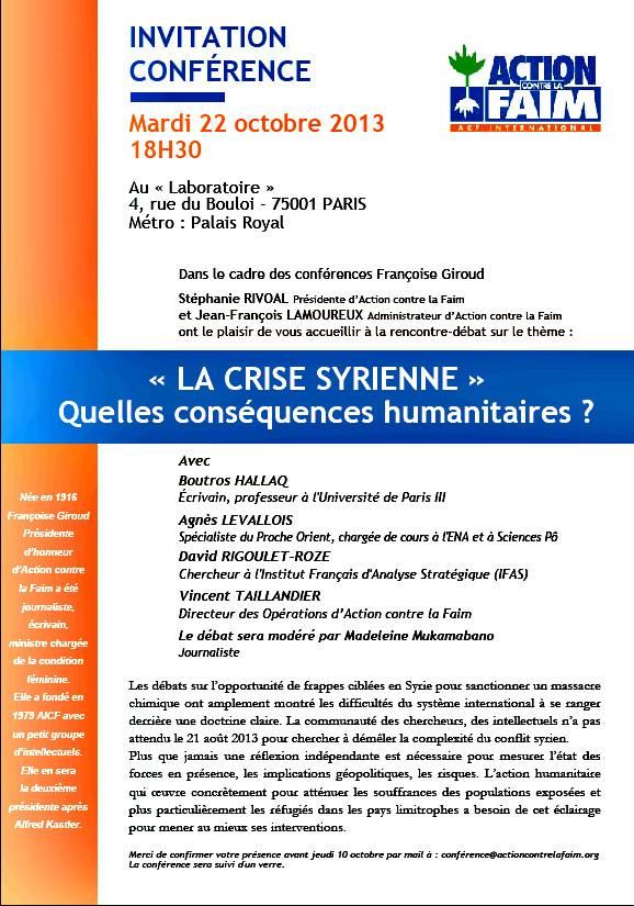 Conférence Françoise Giroud, 22 octobre 2013, La crise syrienne, quelles conséquences humanitaires ?
